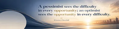 Winston Churchill opportunity quote LinkedIn background banner with sunrise horizon navy blue white beige and warm gold