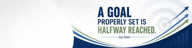 Zig Ziglar goals quote LinkedIn background banner with target shapes upward arrows and corporate blue green design