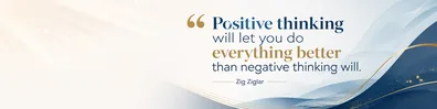 Zig Ziglar positive thinking quote LinkedIn background banner with bright professional blue gold abstract design